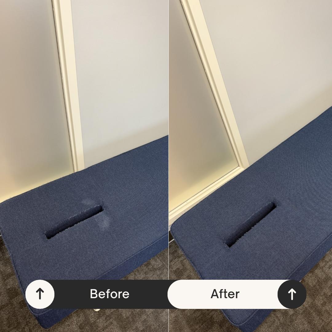 Blue upholstered bench shown before and after spot removal