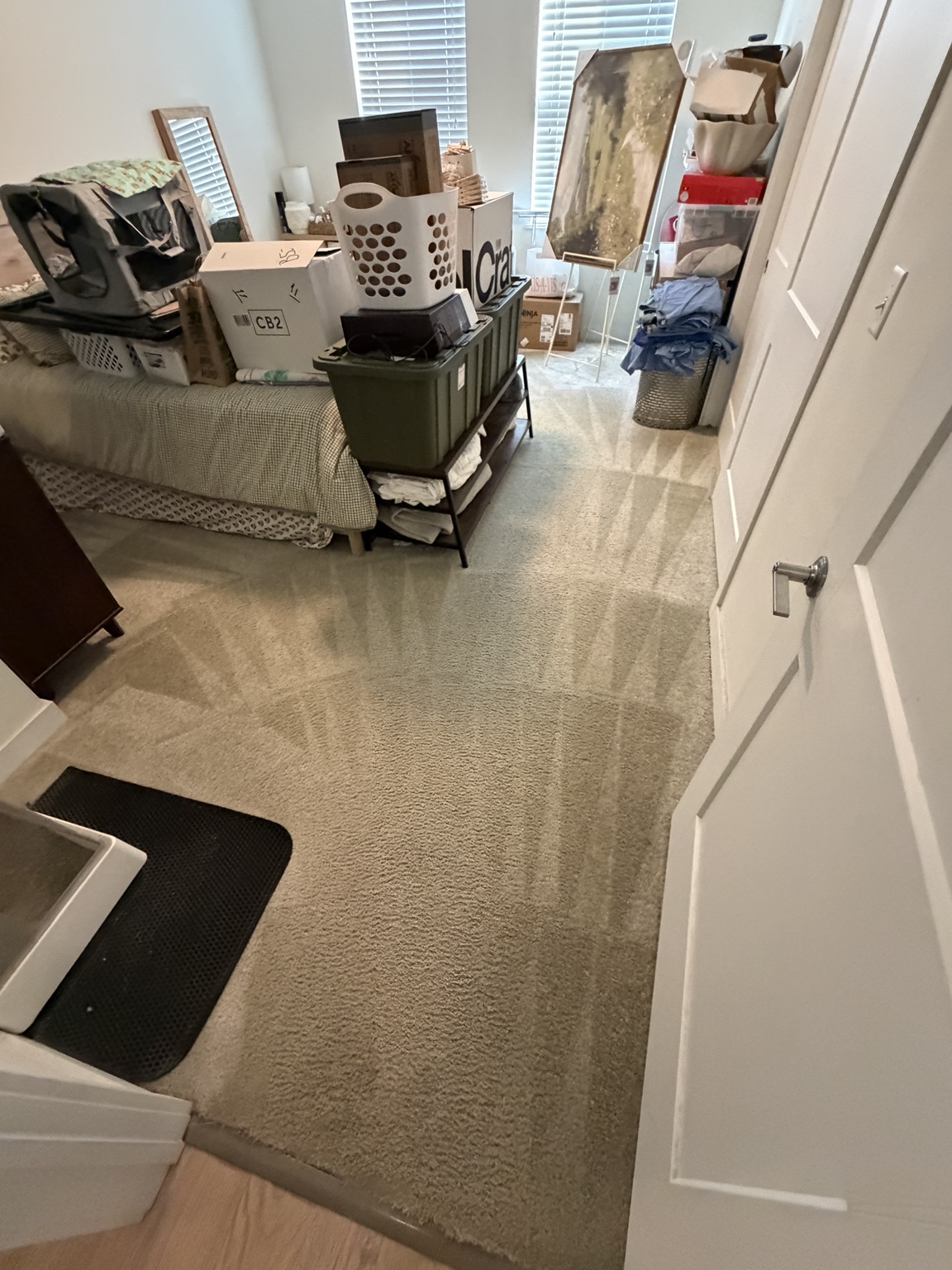 Freshly cleaned light carpet around furniture in a furnished bedroom